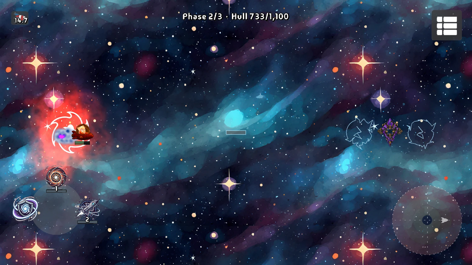 Nebulons gameplay during a cosmic boss battle, with projectiles, obstacles, and the flight HUD